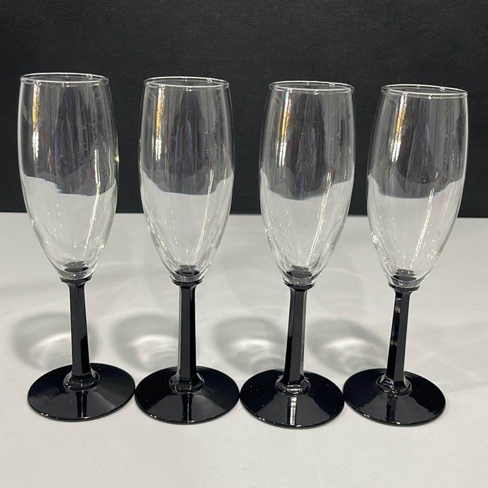 Vintage Octagon-Shaped Black Stems champagne flutes glasses set of 4